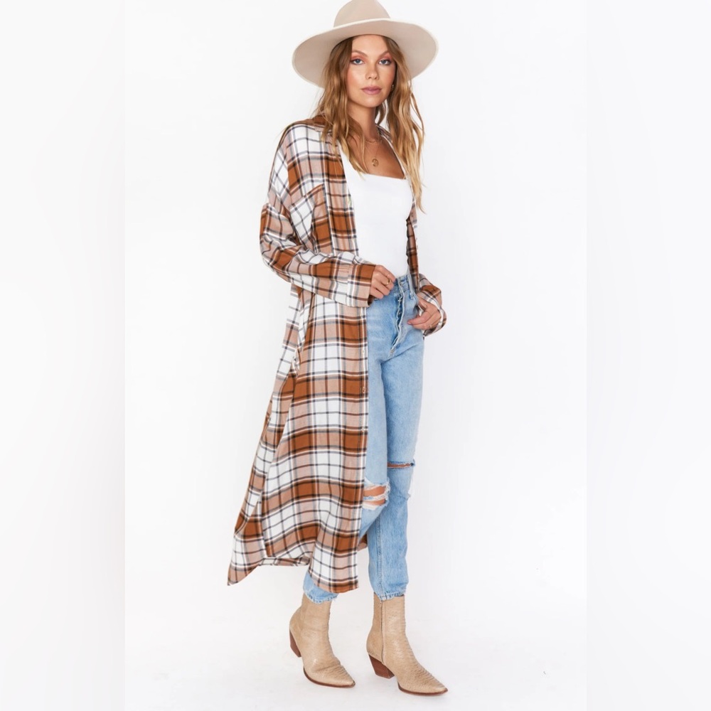 Show Me Your Mumu Leo Button Down Tunic, plaid duster size medium, like new